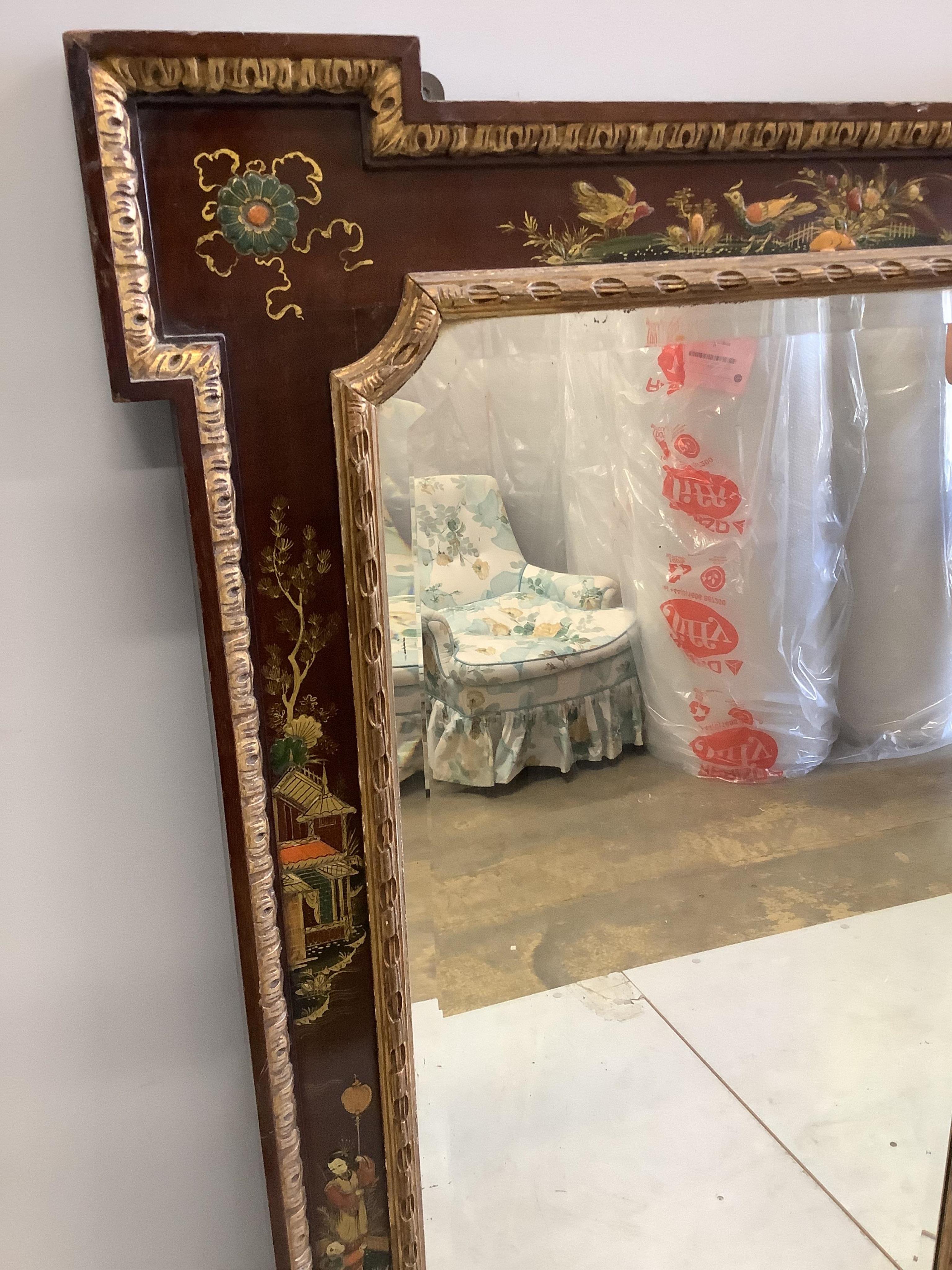 An early 20th century rectangular chinoiserie lacquer wall mirror, width 68cm, height 125cm. Condition - good